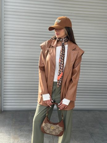 גקט דמוי עור חגורת קשירה